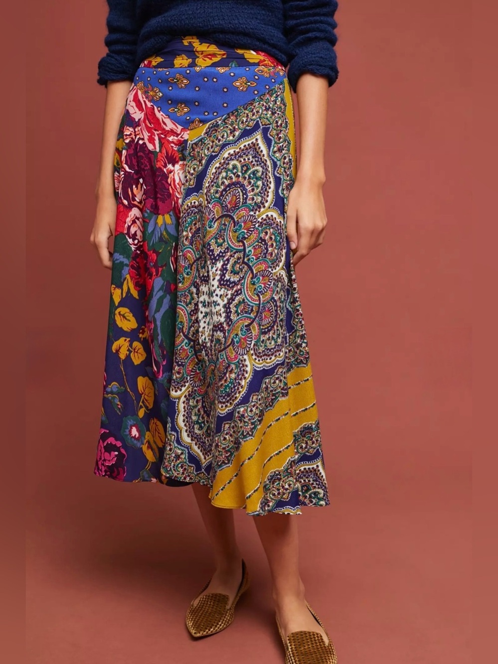 Anthropologie Moulinette Soeurs Patchwork Floral Paisley Boho Midi Skirt US 6
